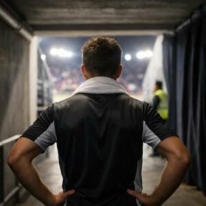 Sportif vu de dos avant une compétition, dans un tunnel menant vers l’aire de jeu, illustration du stress d’avant-épreuve.