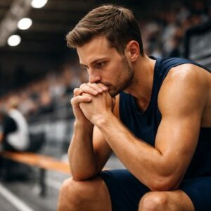 Sportif en compétition dans un moment de réflexion avant l’action