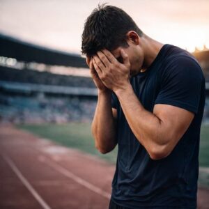 Sportif qui se tient la tête car il perd ses moyens pendant une compétition