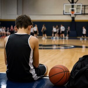 Jeune basketteur vu de dos au bord du terrain, illustrant le stress d’un enfant avant une compétition