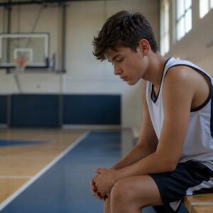 Jeune basketteur assis sur un banc, l’air pensif et en manque de confiance avant un entraînement ou un match