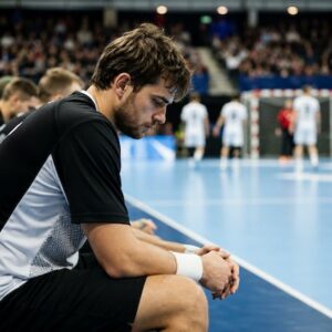 Joueur de handball assis au bord du terrain, pensif et en proie au doute pendant la compétition